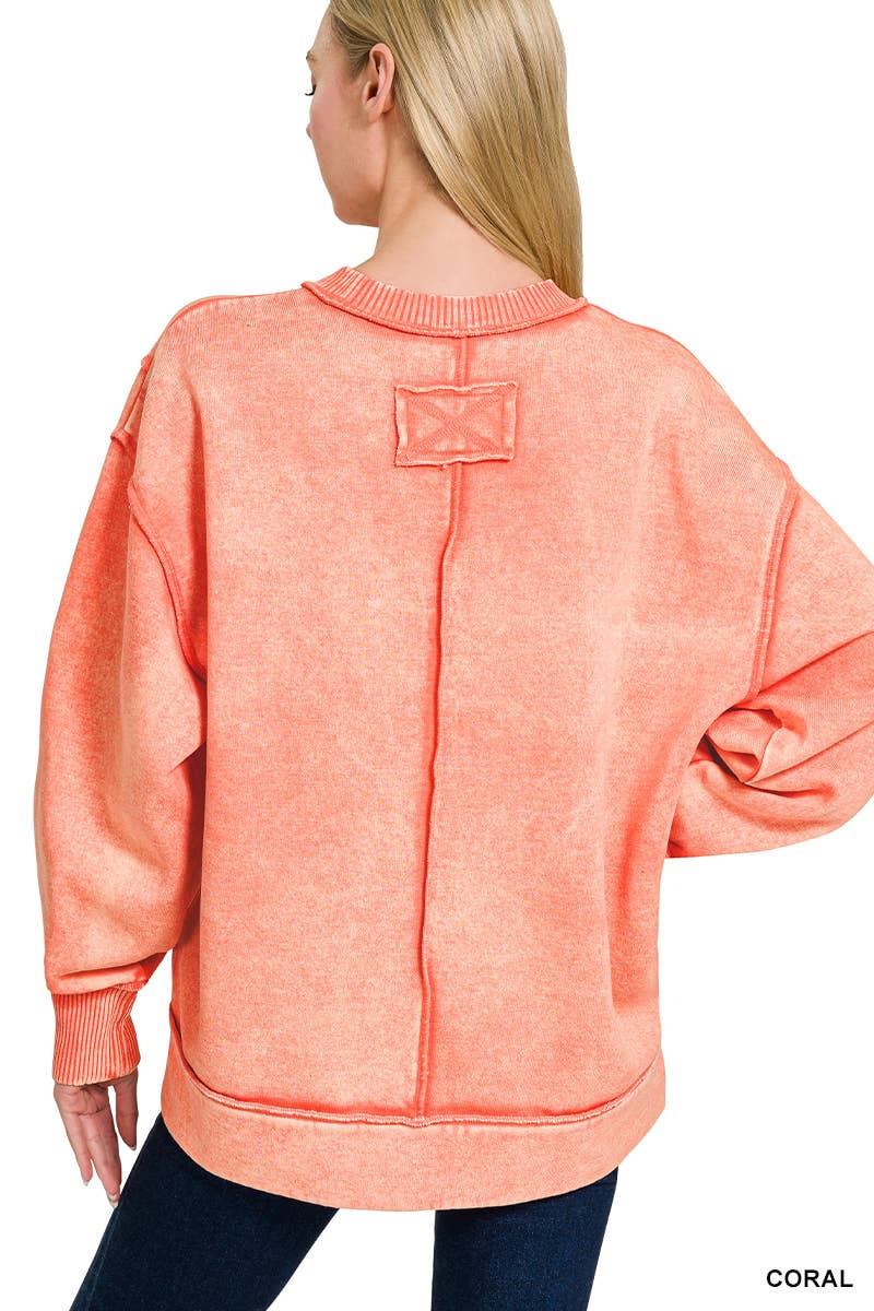 Acid Wash Exposed-seam Fleece Sweatshirt: BROWN