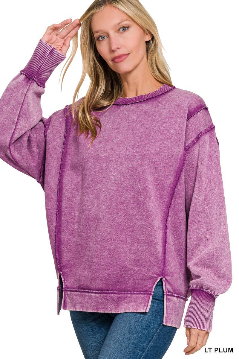 Acid Wash Exposed-seam Fleece Sweatshirt: Mocha