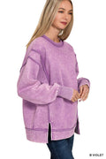 Acid Wash Exposed-Seam Fleece Sweatshirt: Violet