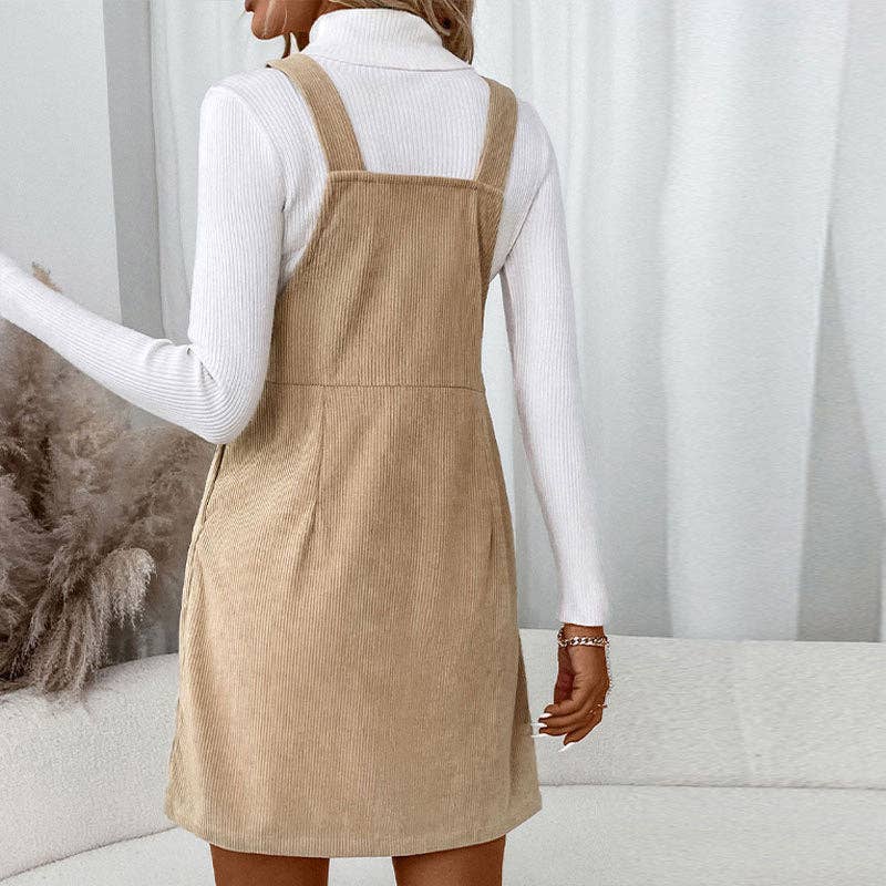 Corduroy Overall Dress with Pocket: Khaki