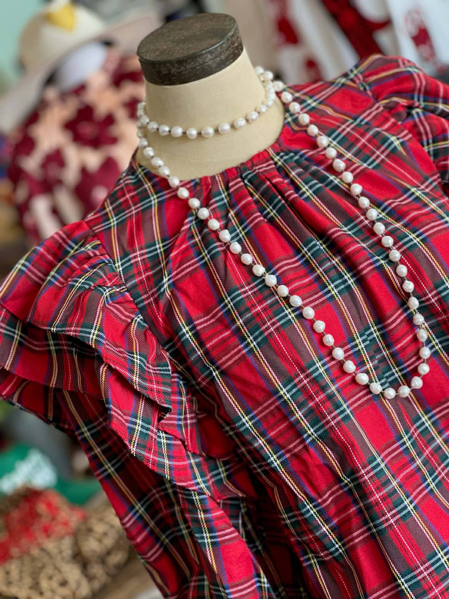 Christmas Plaid Ruffle Balloon Sleeve Blouse