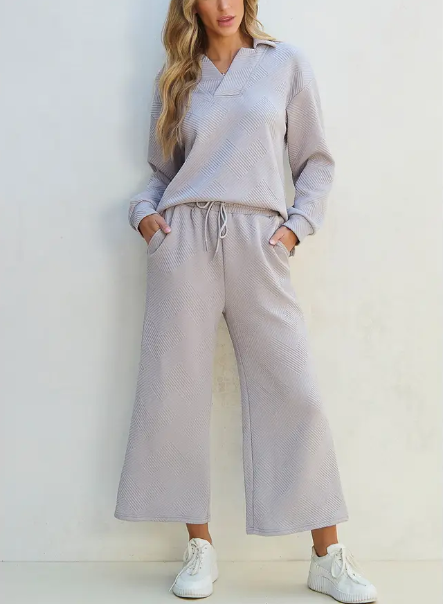 Collared Top and Wide Leg Pants Set: Light Grey