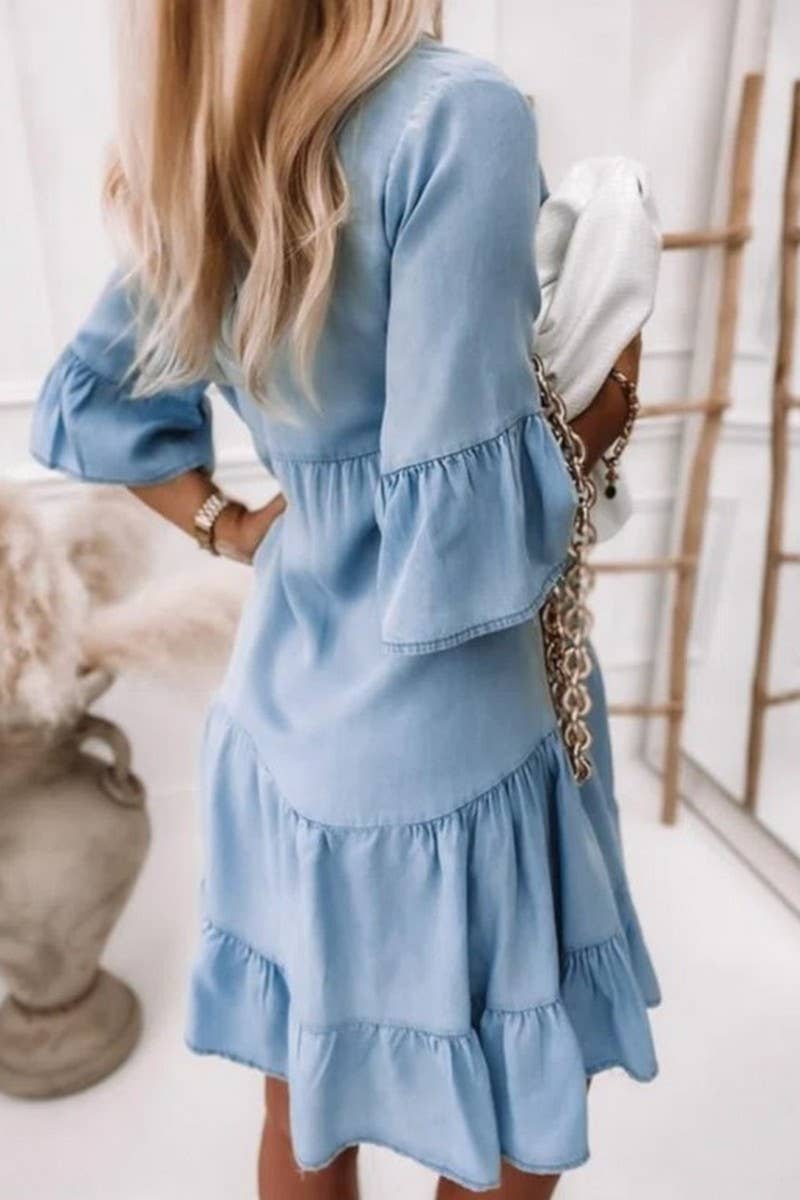 Short Sleeve Denim Shirt Dress: Light Blue
