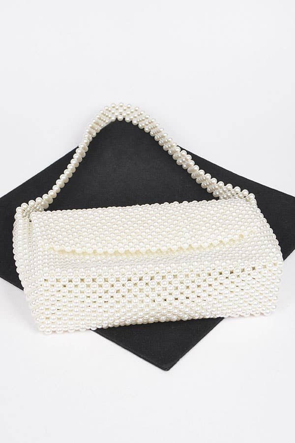 Faux Pearl Bead Flap Shoulder Bag: Cream