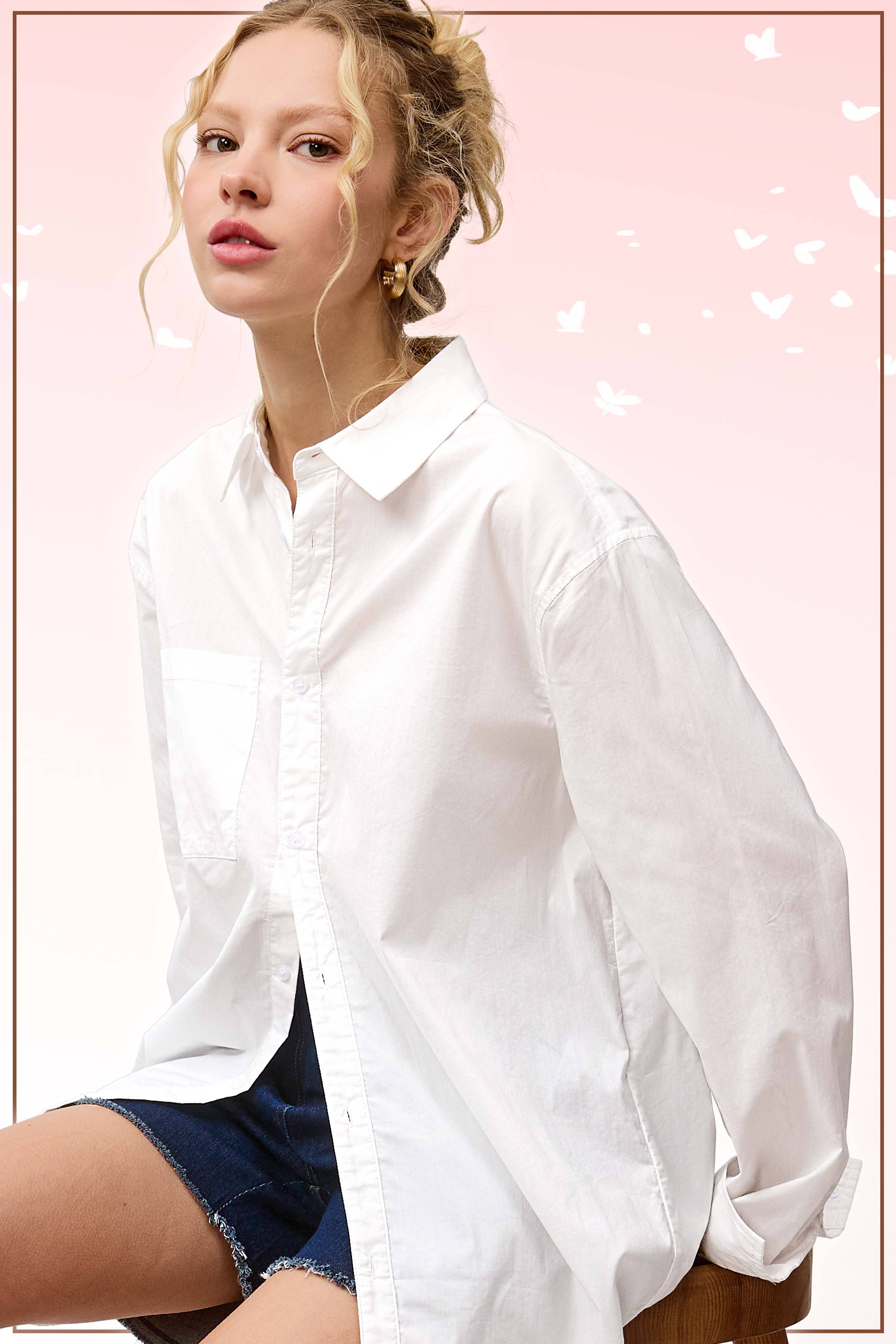 Classic Collared Button Down Poplin Shirt: White
