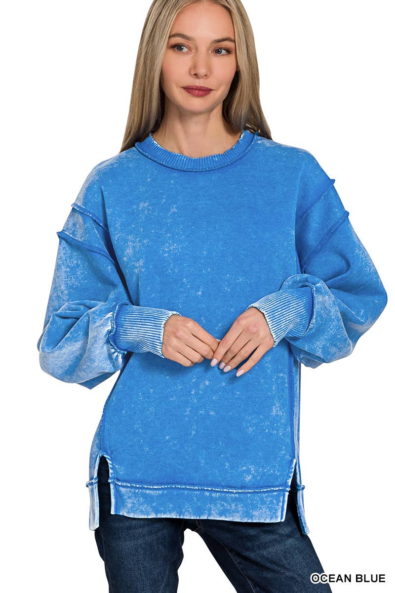 Acid Wash Exposed-Seam Fleece Sweatshirt: Ocean Blue