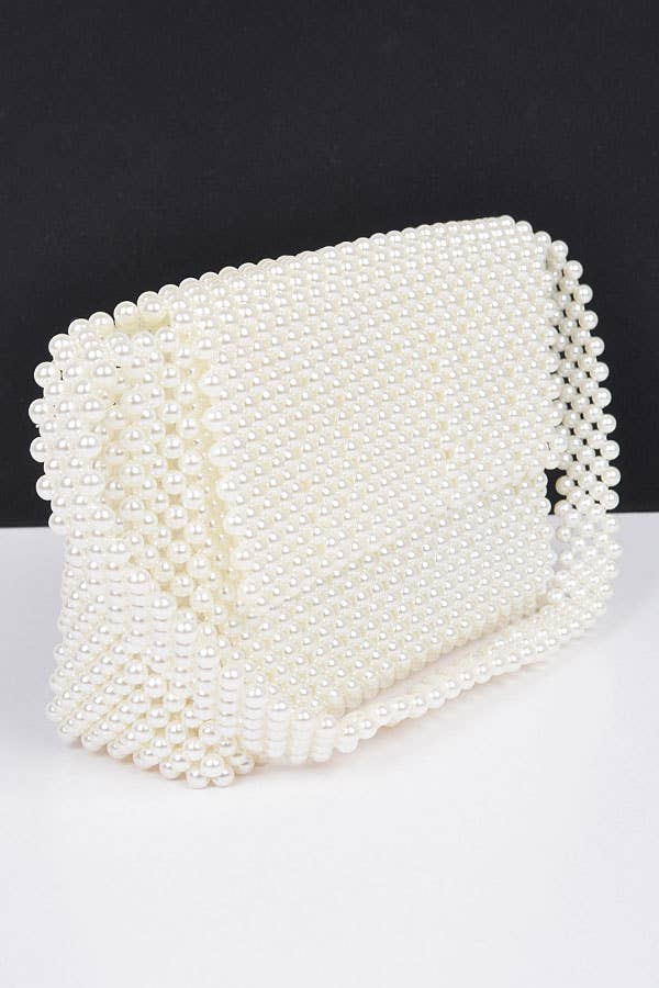 Faux Pearl Bead Flap Shoulder Bag: Cream