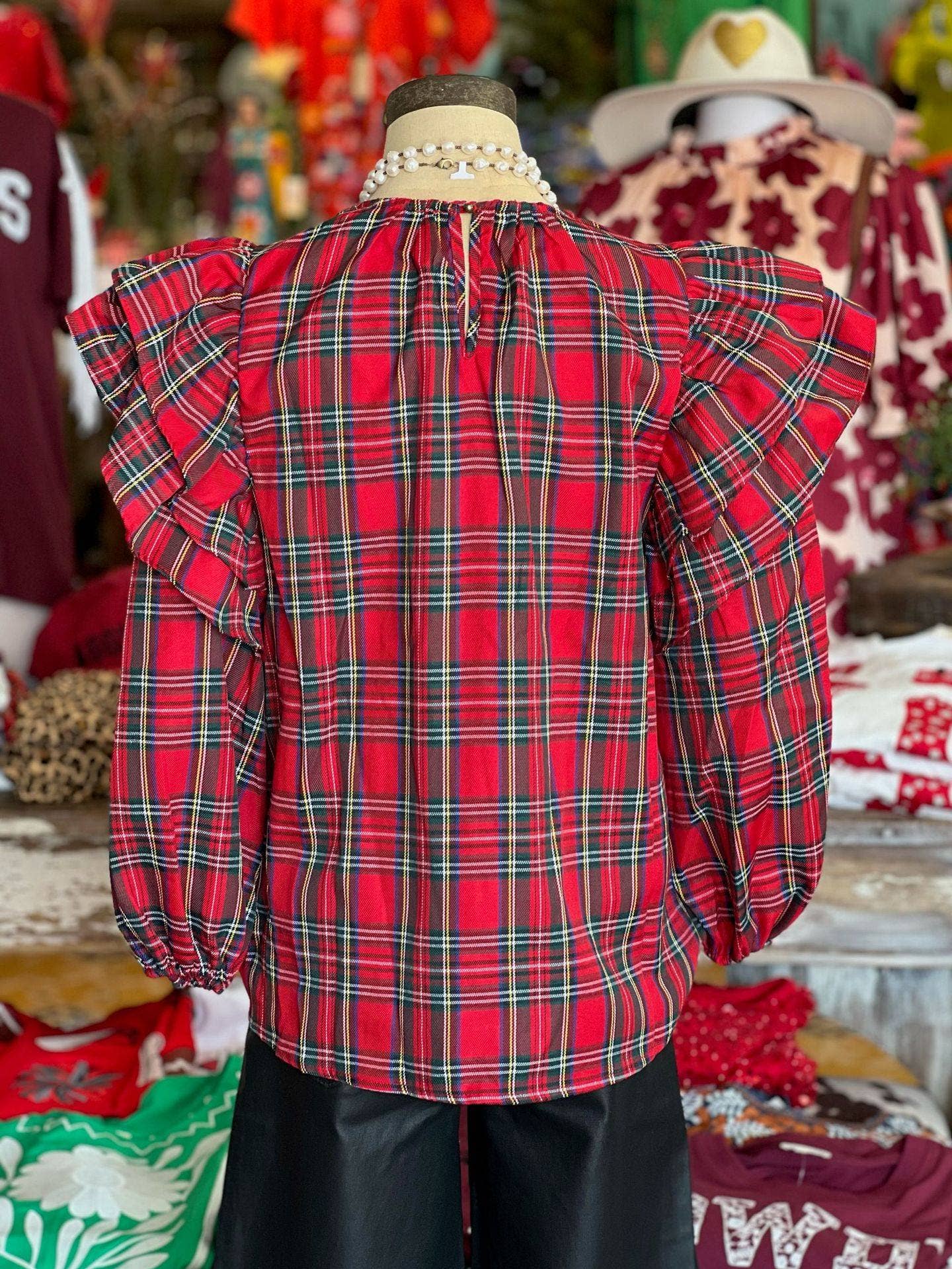 Christmas Plaid Ruffle Balloon Sleeve Blouse
