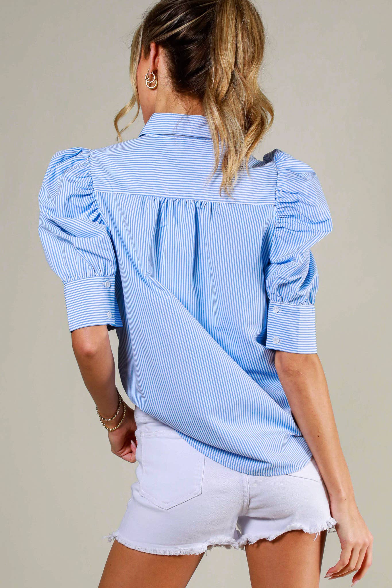 Collared Neck Short Puff Sleeve Striped Blouse: Blue