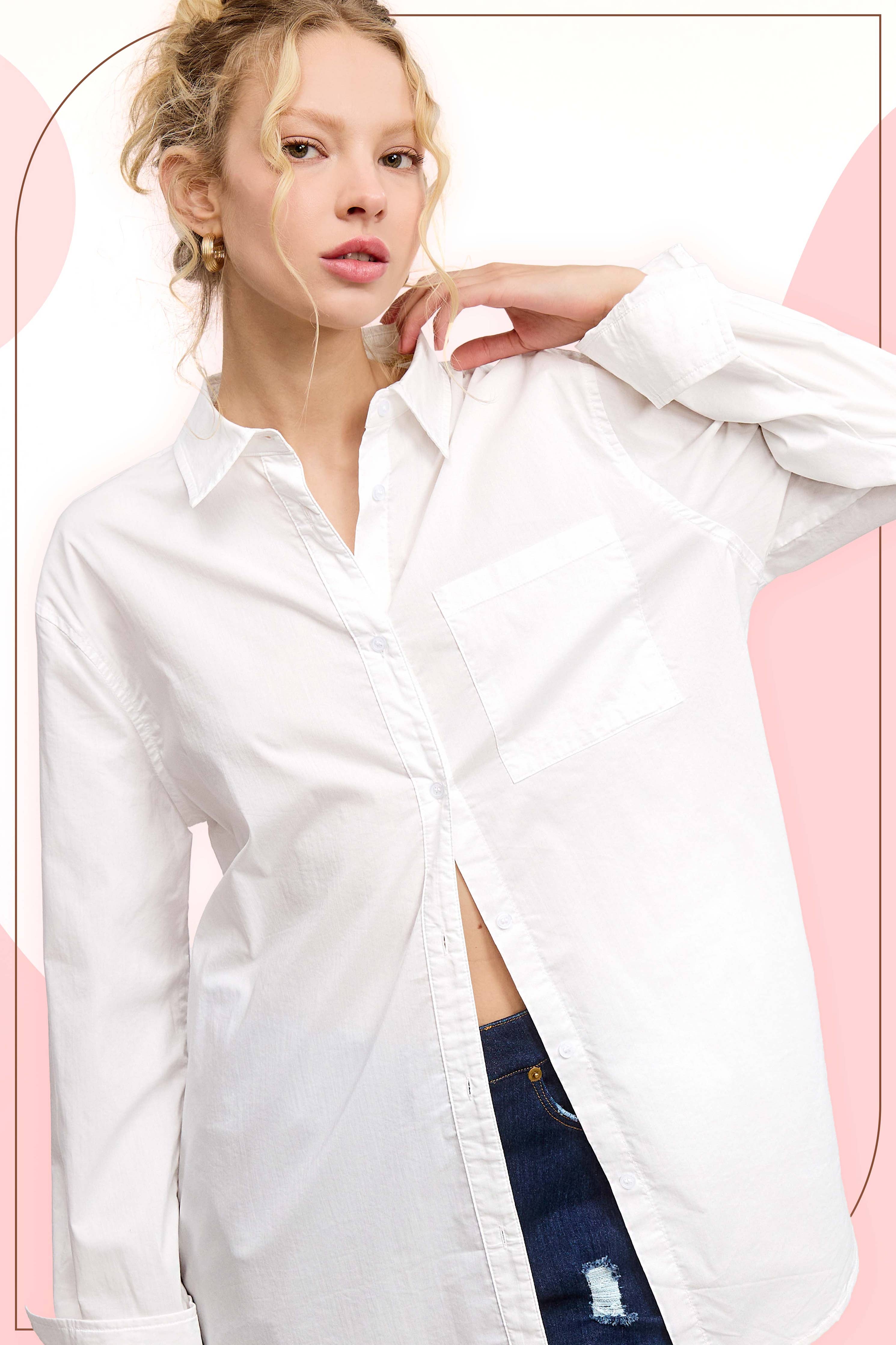 Classic Collared Button Down Poplin Shirt: White