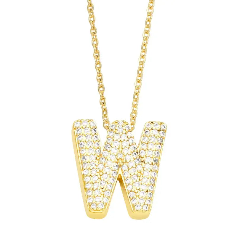 Gold Rhinestone Letter Initial Pendant Necklace: W
