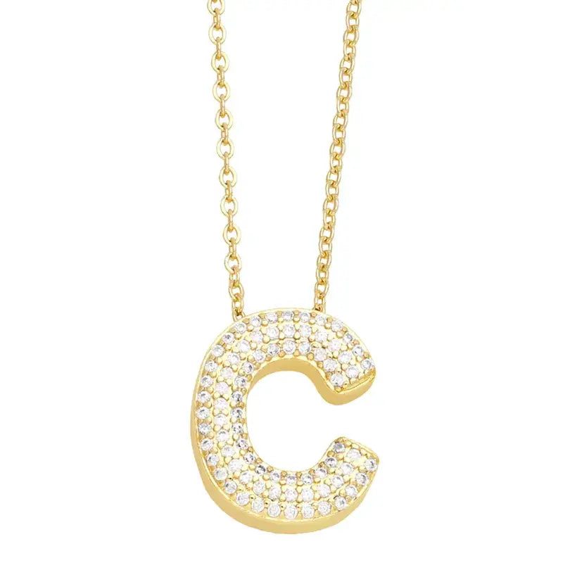 Gold Rhinestone Letter Initial Pendant Necklace: C