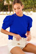 Crew Neck Puff Sleeve Knitted Sweater: Royal Blue