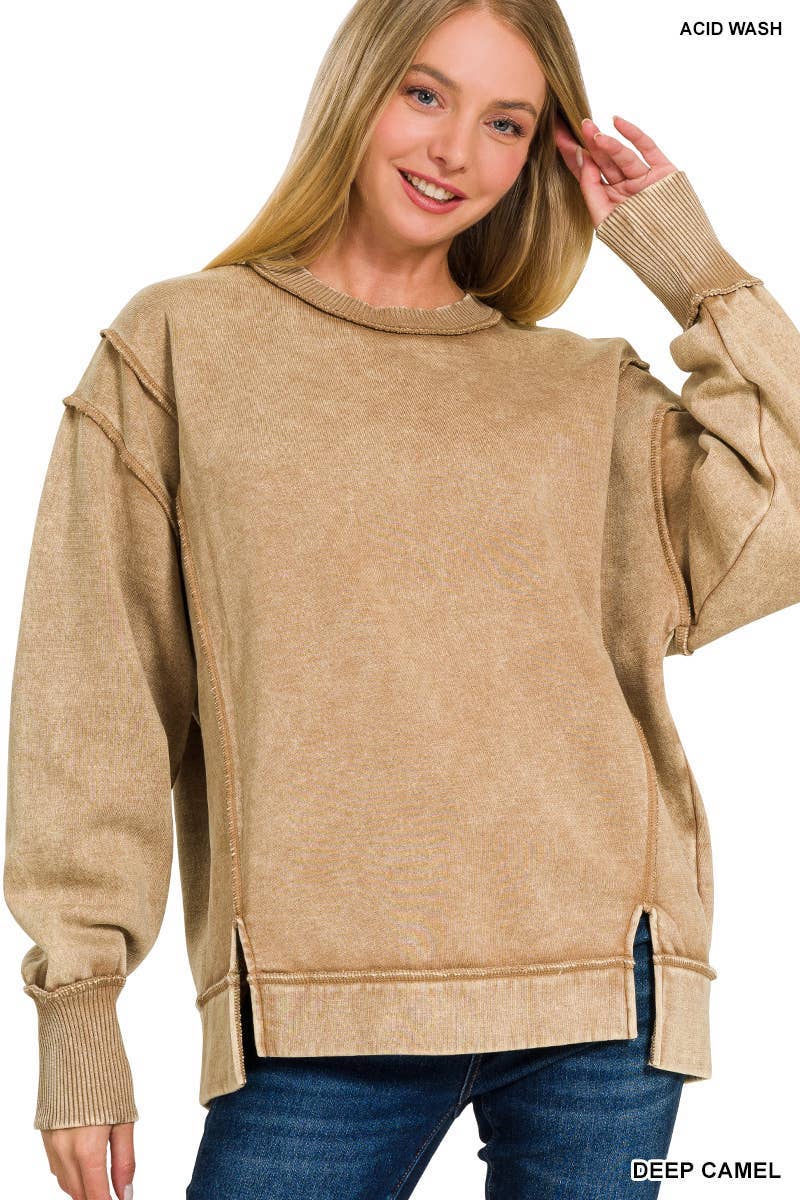 Acid Wash Exposed-seam Fleece Sweatshirt: BROWN