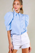 Collared Neck Short Puff Sleeve Striped Blouse: Blue