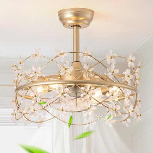 20 Inch Fandelier: Gold Caged Flower Ceiling Fan With Light
