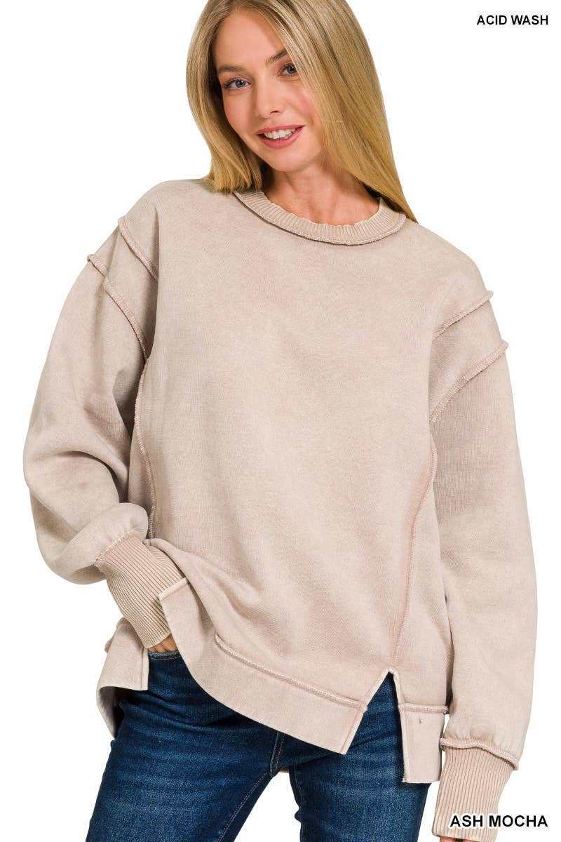 Acid Wash Exposed-Seam Fleece Sweatshirt: Ash Mocha