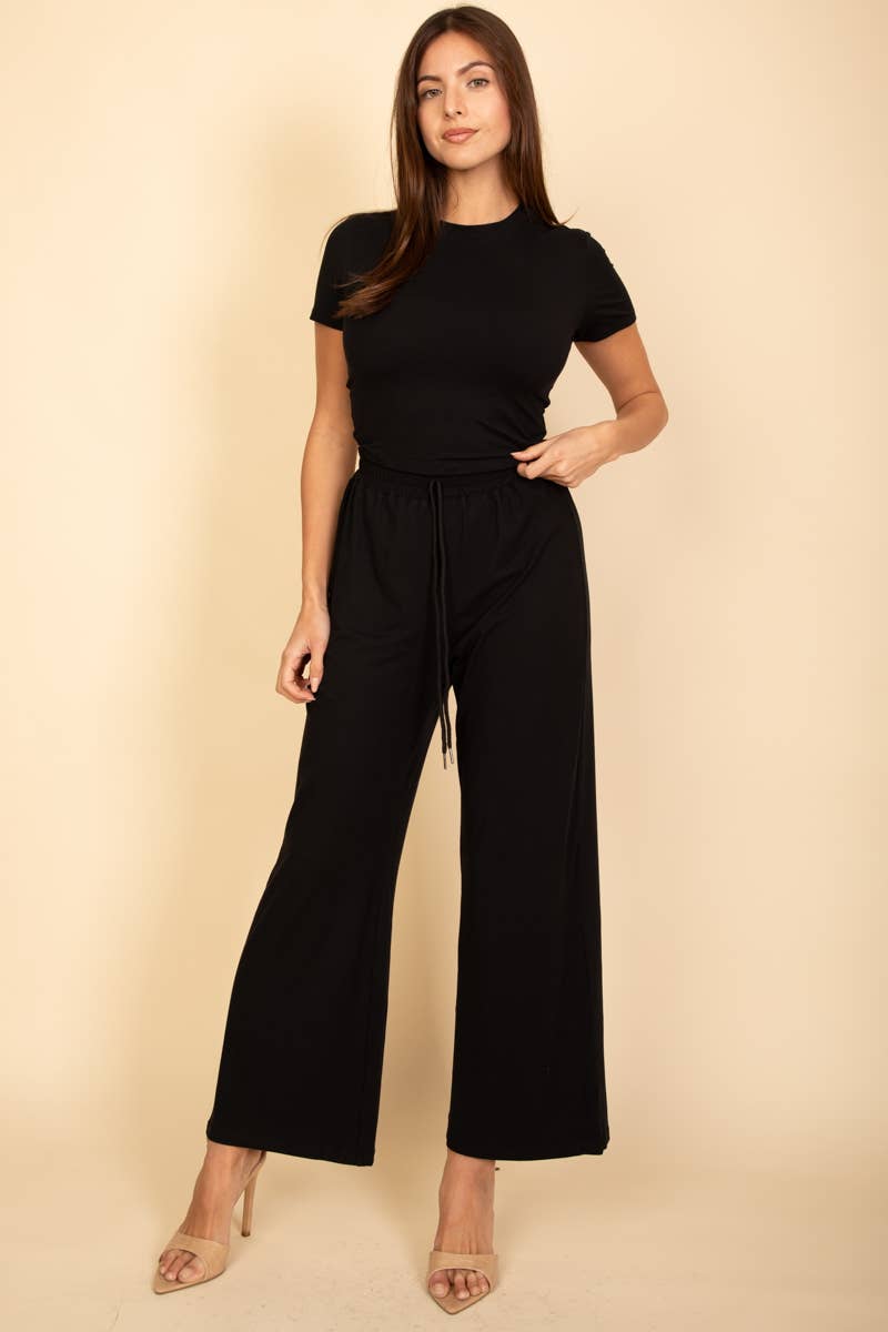 Relaxed Fit Top and Wide-Leg Pants Set: Black