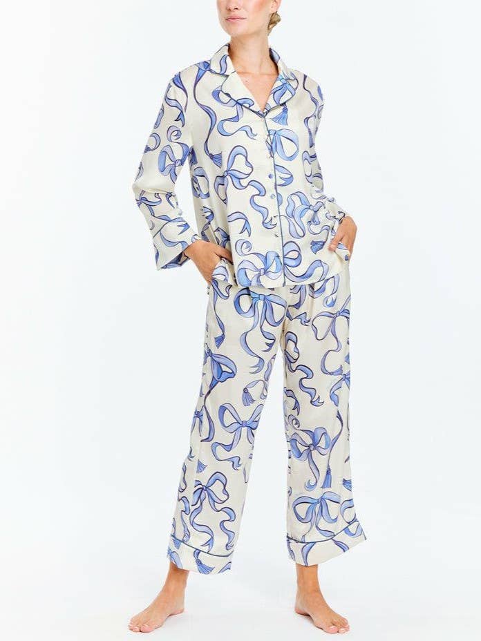 Bow Ribbon Long Sleeve Pajama Set: Blue