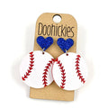 Heart Baseball Dangle Earrings: Blue