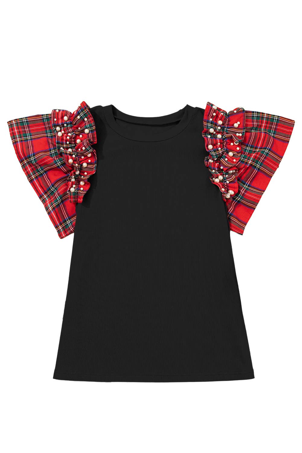 Red Plaid Pearl Ruffle Short Sleeve Christmas Blouse