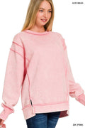 Acid Wash Exposed-Seam Fleece Sweatshirt: Dark Pink