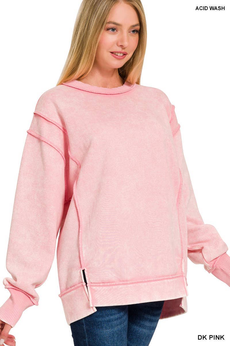 Acid Wash Exposed-seam Fleece Sweatshirt: Mocha