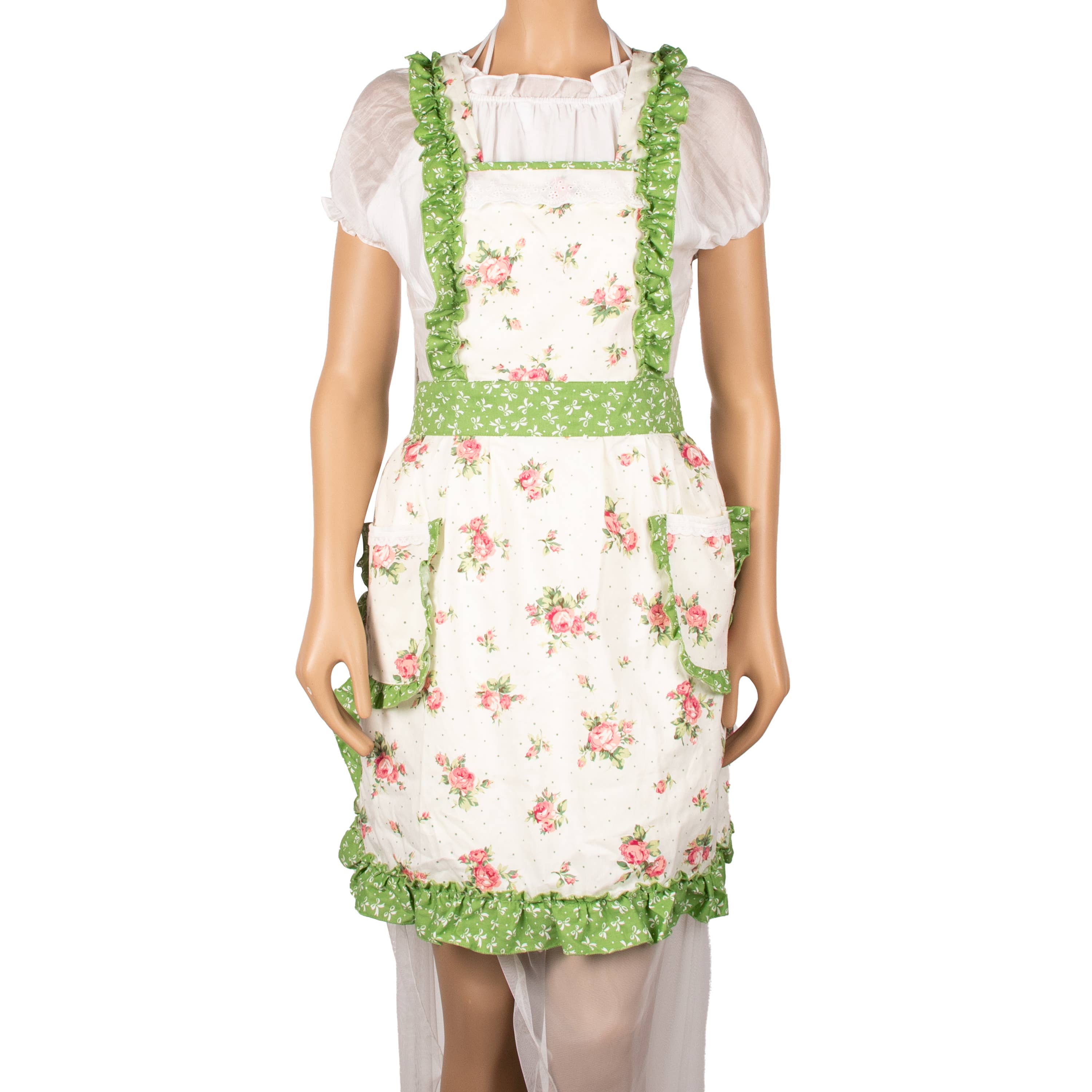 Apron With Pockets: White/Green