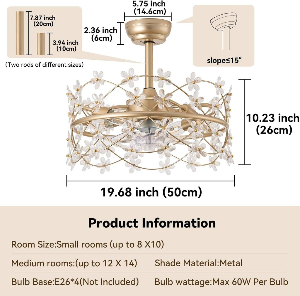 20 Inch Fandelier: Gold Caged Flower Ceiling Fan With Light