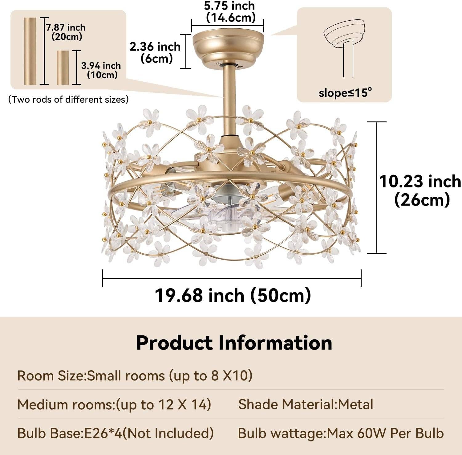 20 Inch Fandelier: Gold Caged Flower Ceiling Fan With Light