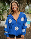 Sequin Baseball Drawstring Quarter-Zip Pullover: Blue