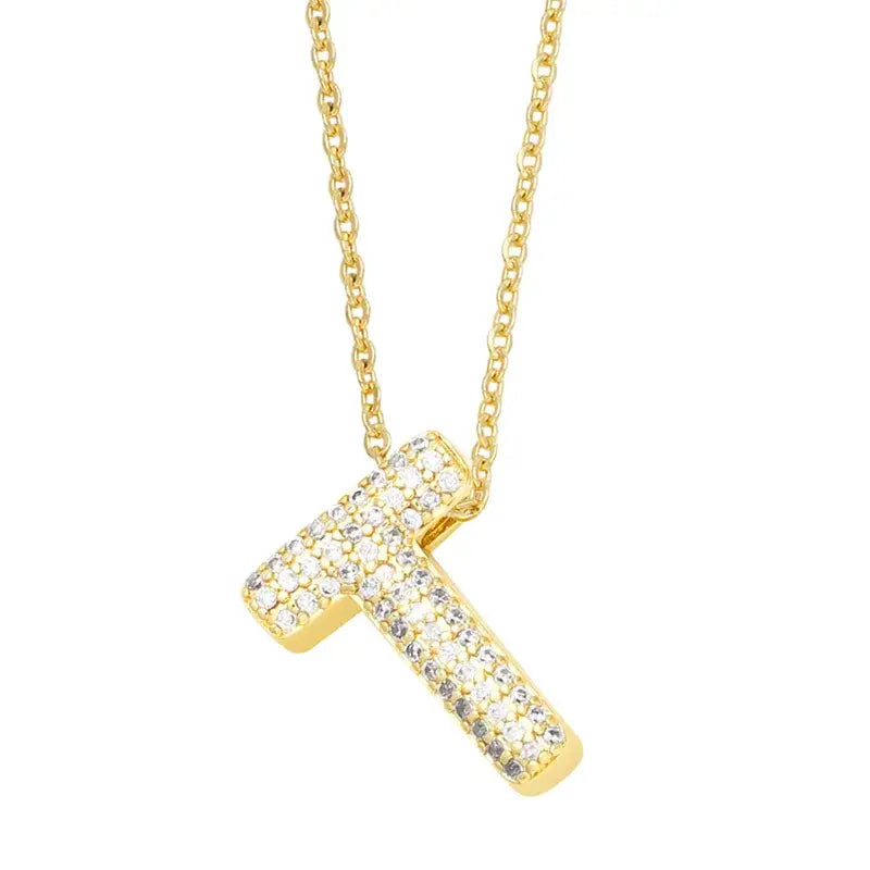 Gold Rhinestone Letter Initial Pendant Necklace: T