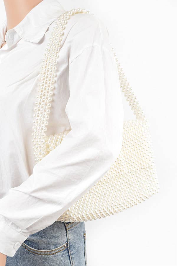 Faux Pearl Bead Flap Shoulder Bag: Cream