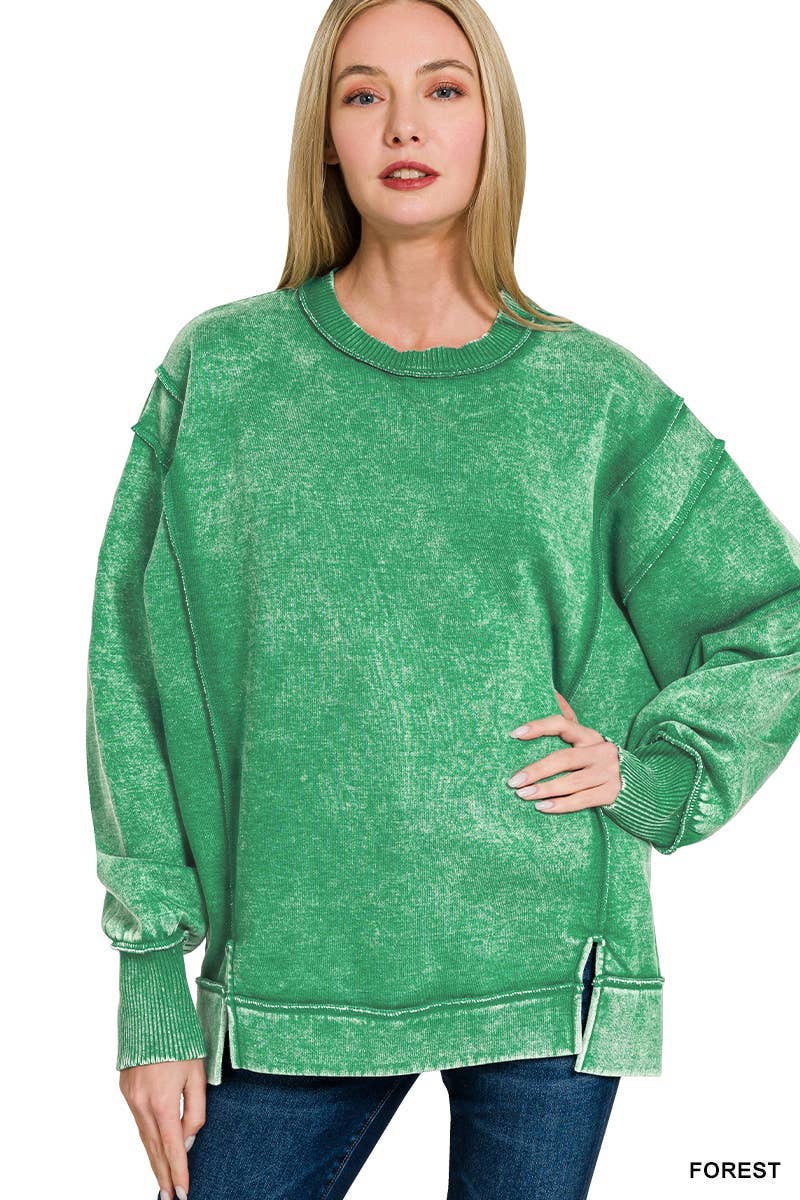 Acid Wash Exposed-seam Fleece Sweatshirt: BLACK