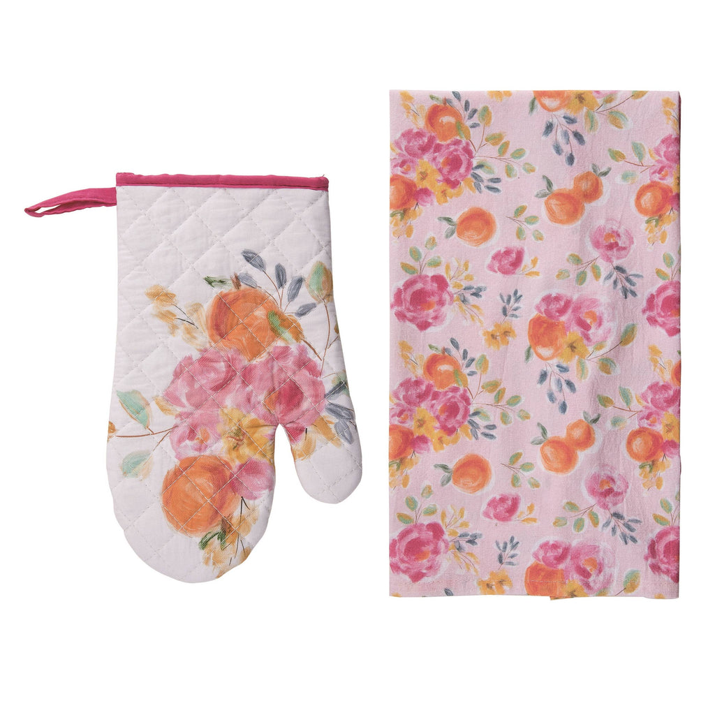 Pink Floral Mitt and Tea Towel Set of 2