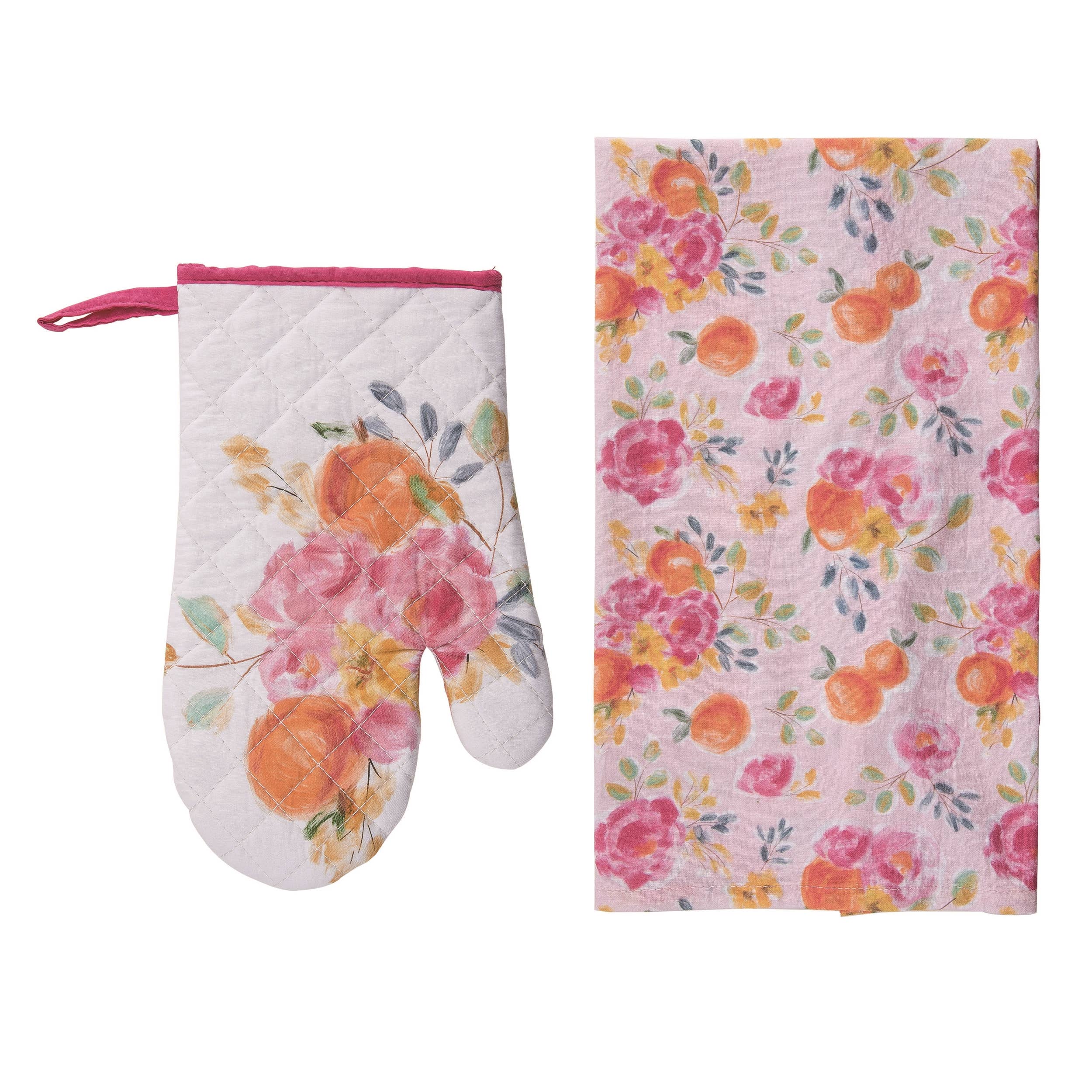 Pink Floral Mitt and Tea Towel Set of 2