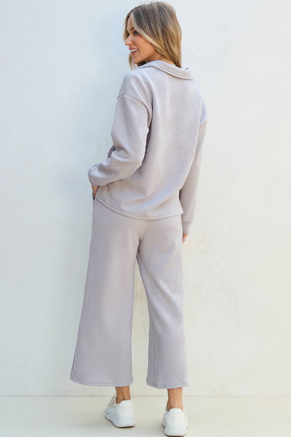 Collared Top and Wide Leg Pants Set: Light Grey