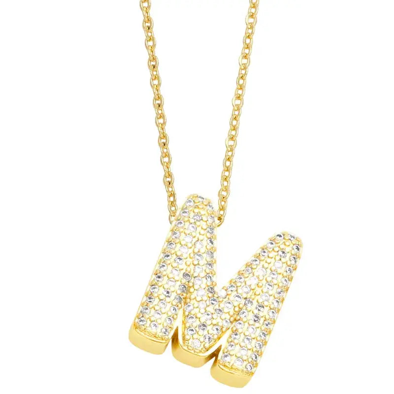 Gold Rhinestone Letter Initial Pendant Necklace: M
