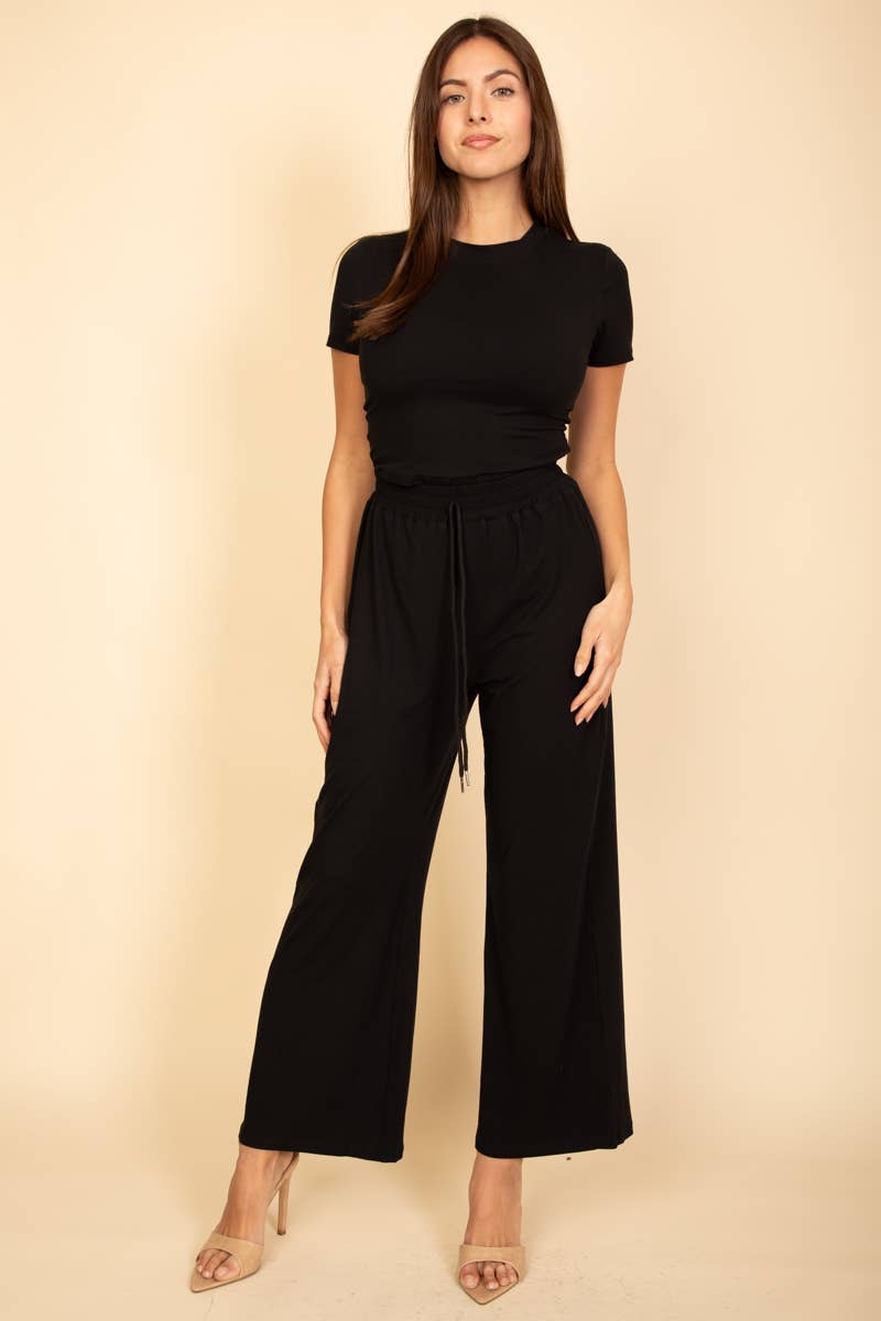 Relaxed Fit Top and Wide-Leg Pants Set: Black