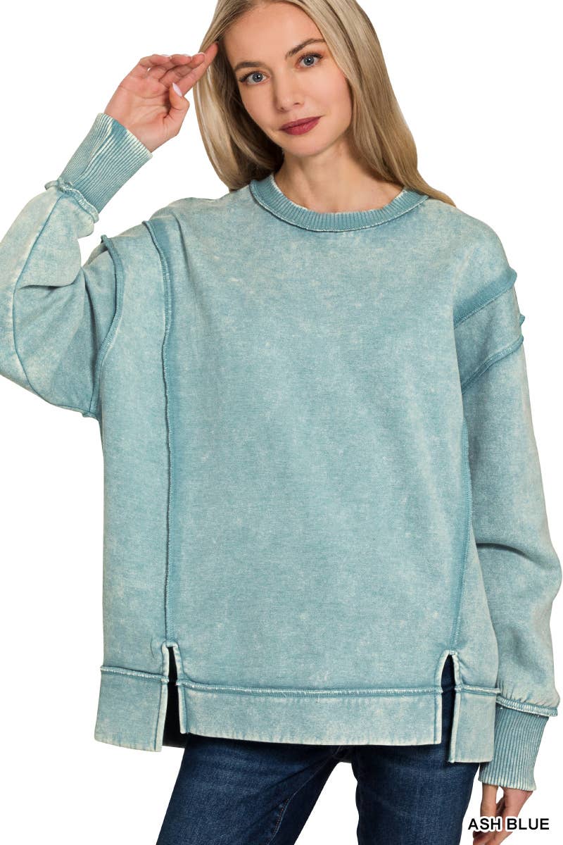 Acid Wash Exposed-seam Fleece Sweatshirt: BROWN