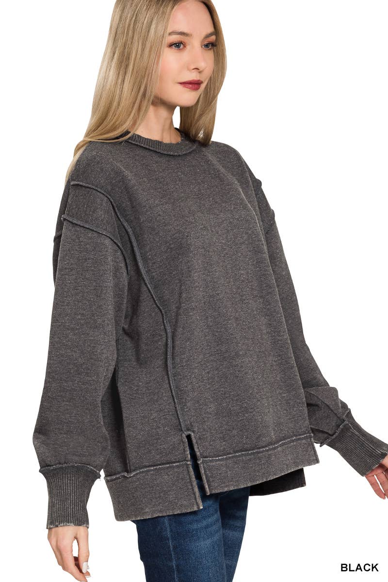 Acid Wash Exposed-seam Fleece Sweatshirt: BLACK