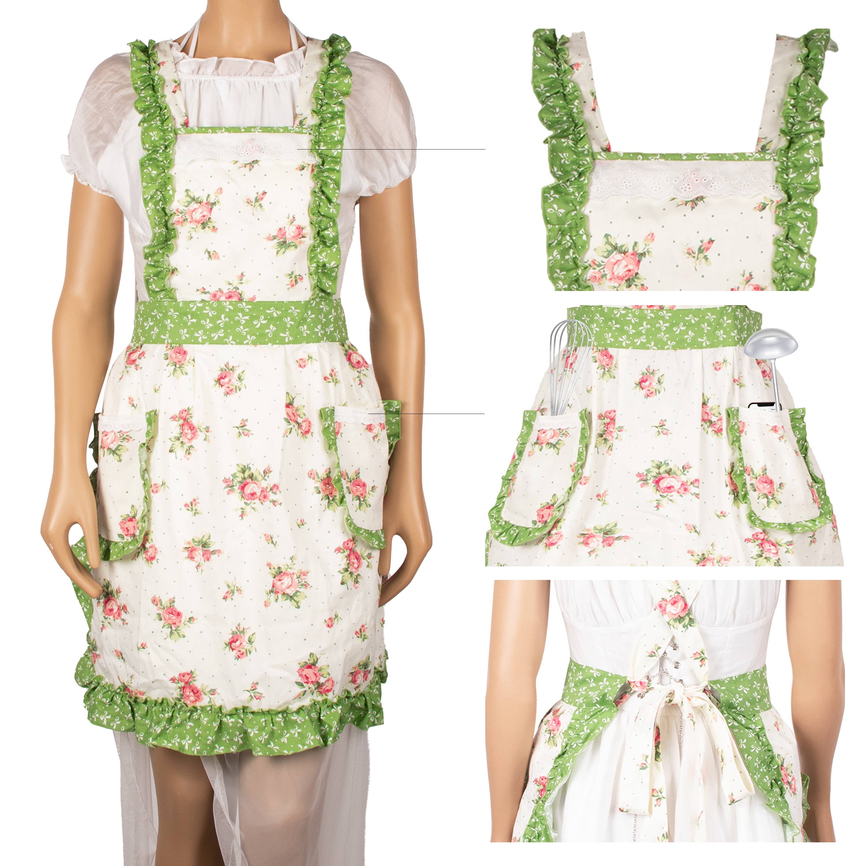 Apron With Pockets: White/Green
