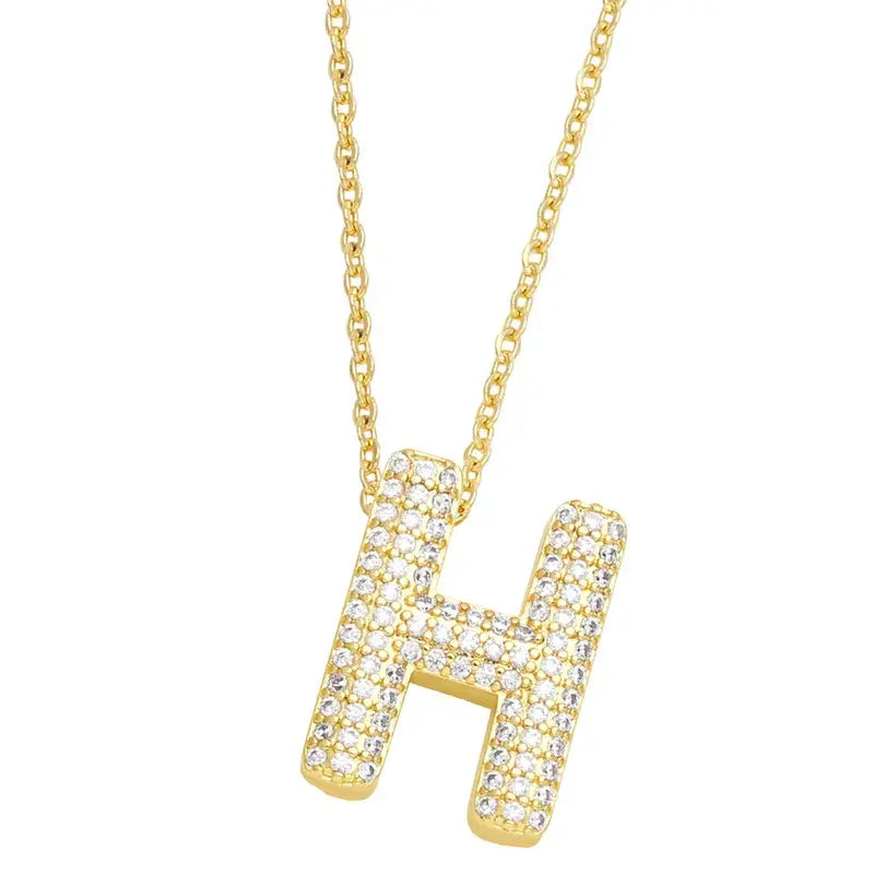 Gold Rhinestone Letter Initial Pendant Necklace: H