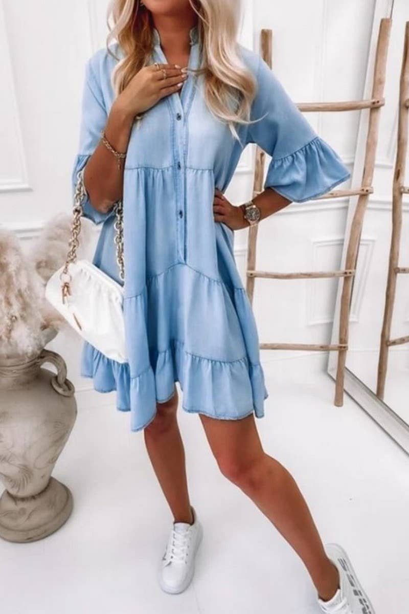 Short Sleeve Denim Shirt Dress: Light Blue