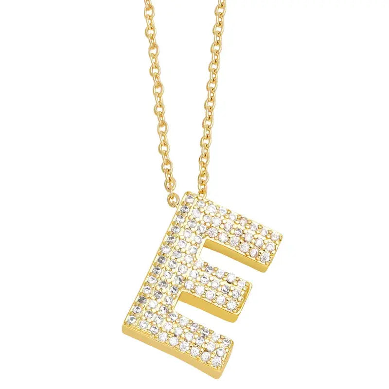 Gold Rhinestone Letter Initial Pendant Necklace: E