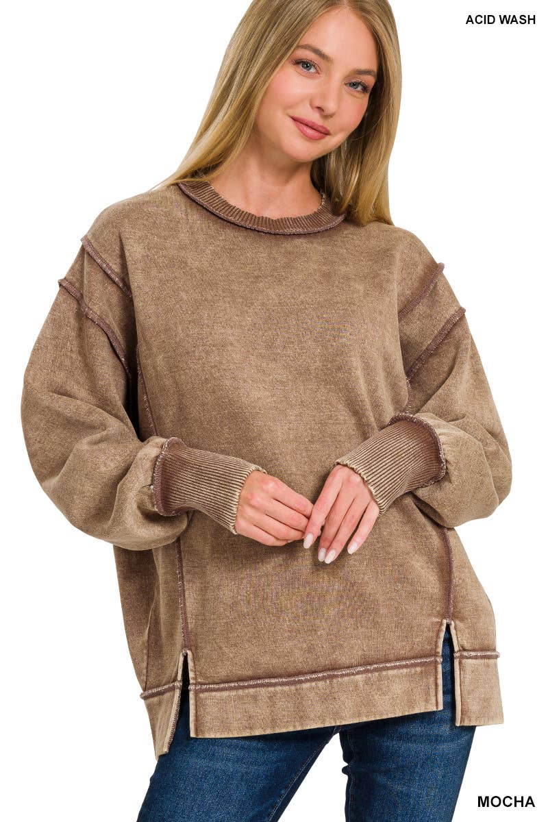 Acid Wash Exposed-seam Fleece Sweatshirt: Mocha