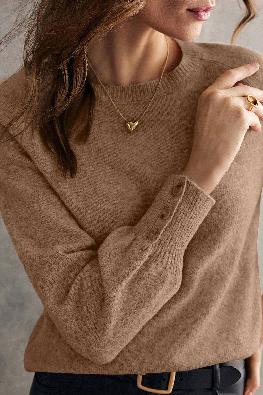 Bishop Sleeve Crew Neck Sweater: Camel