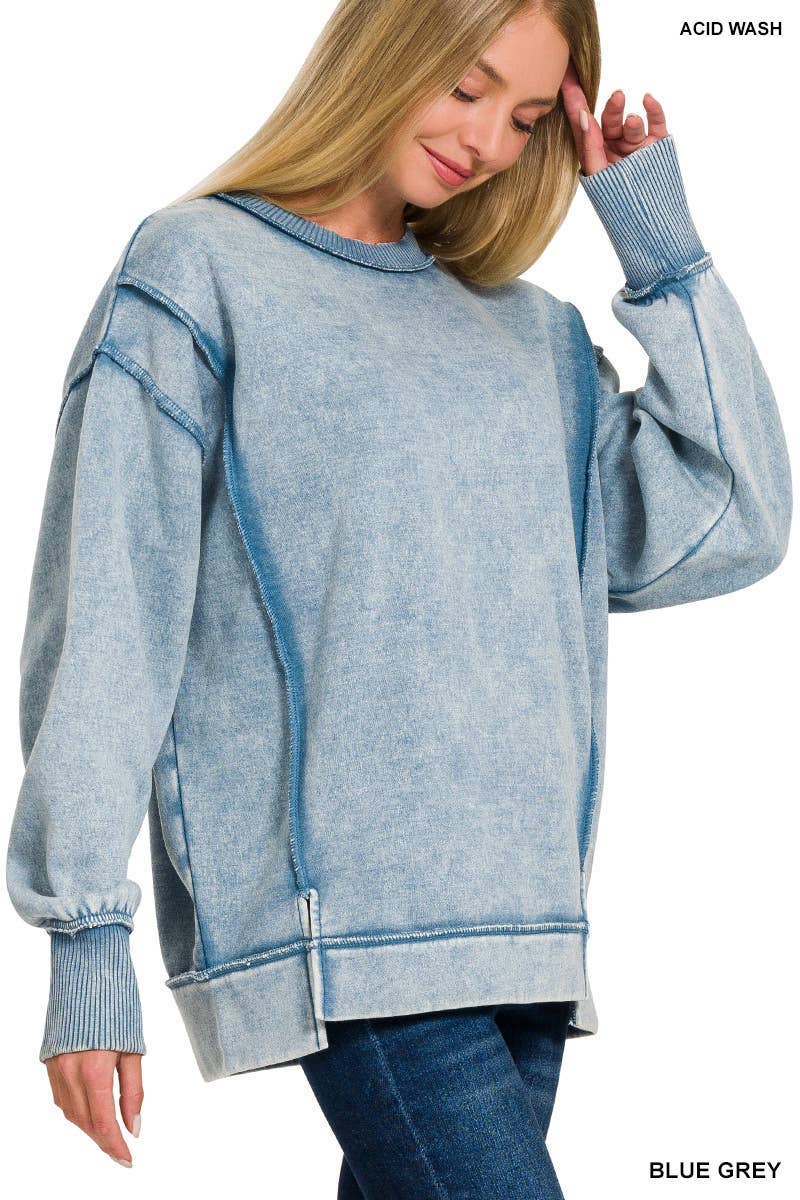 Acid Wash Exposed-seam Fleece Sweatshirt: BLACK
