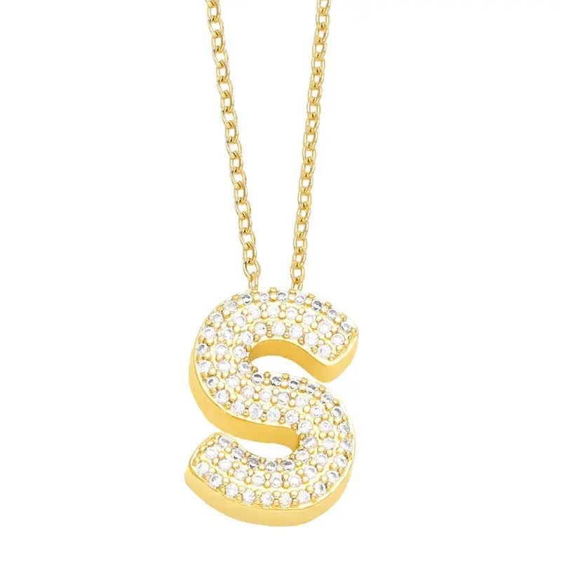 Gold Rhinestone Letter Initial Pendant Necklace: S