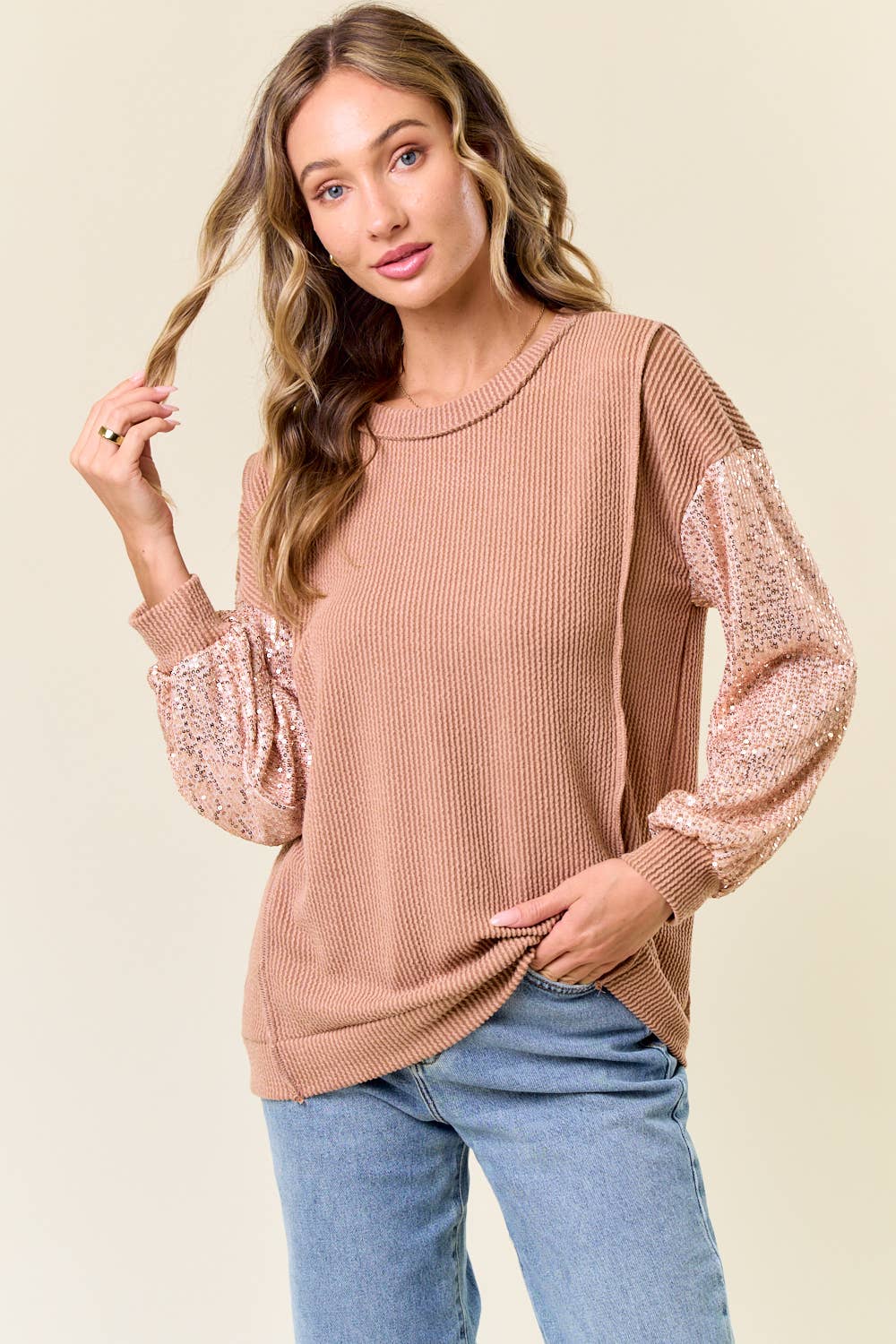 Sara Sequin Top: Peanut Butter